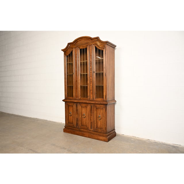 Drexel Drexel French Regency Louis XVI Carved Burled Walnut Lighted Breakfront Bookcase Cabinet, Circa 1960s For Sale - Image 4 of 18