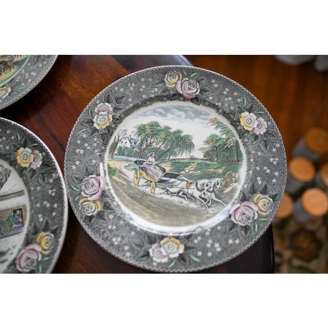1930s 1930s Adams Currier and Ives Dinner Plates Gray Rose Border Vintage Americana Transferware - Set of 8 For Sale - Image 5 of 12