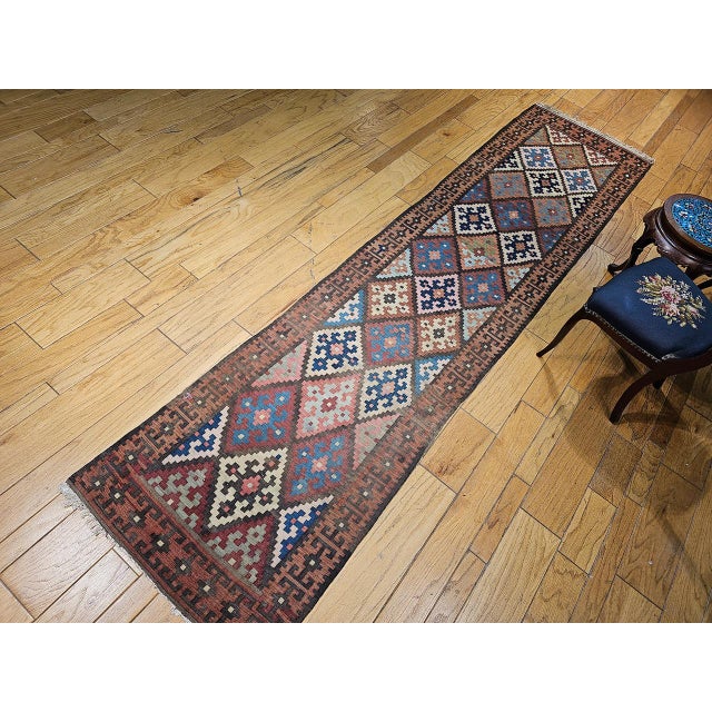 Antique Varamin Kilim Runner, Handwoven Wool, Caucasian Geometric Pattern, 3x12 For Sale - Image 4 of 17