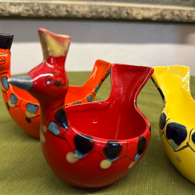Aldo Londi 1960s Attributed to Aldo Londi for Bitossi. Yellow Red and Orange - Ceramic Serving Bird Bowls For Sale - Image 4 of 12