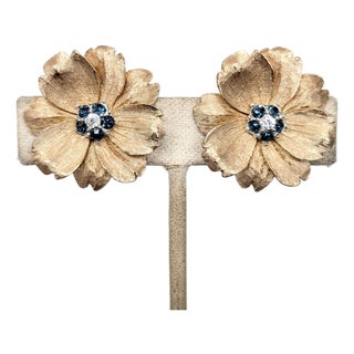Vintage Signed Boucher Goldtone Faux-Sapphire Flower Clip Earrings- 2 Pieces For Sale