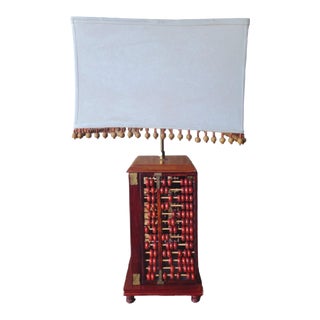 Vintage Chinese Burgundy Wood Abacus Rectangular Shade Table Lamp For Sale