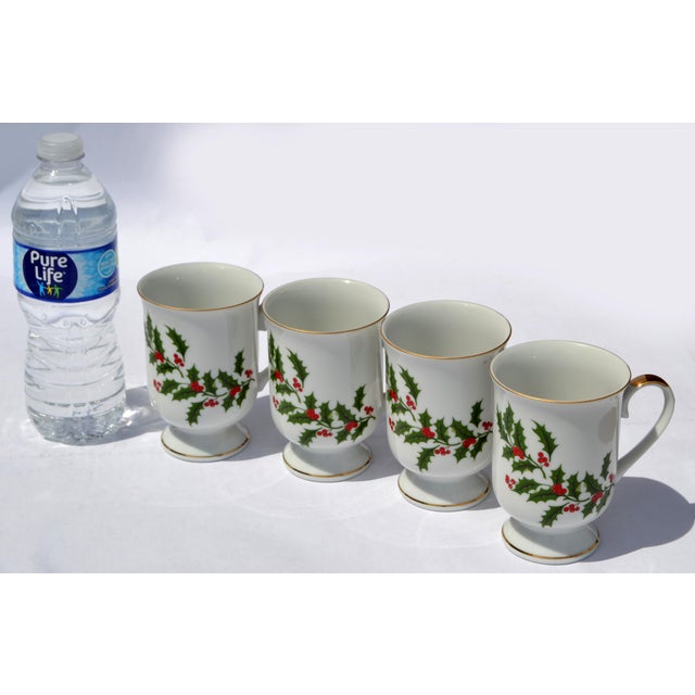 Set 4 Japan Porcelain & Gold Trim Footed Mug Christmas Holly by All the Trimmings For Sale In Miami - Image 6 of 16