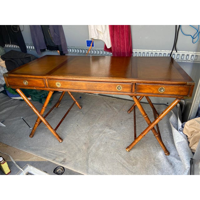 Vintage Campaign Distressed Leather Top Bamboo Executive Desk by Drexel Heritage For Sale - Image 9 of 18