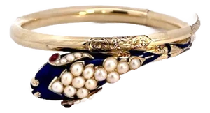 Late 19th Century 14k Cobalt Blue Enamel Snake Bracelet With Pearls