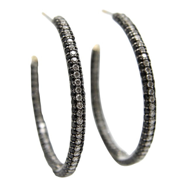 1990s 18k White Gold Black and White Diamond Hoop Earrings - 2 Pieces For Sale