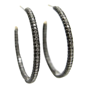 1990s 18k White Gold Black and White Diamond Hoop Earrings - 2 Pieces