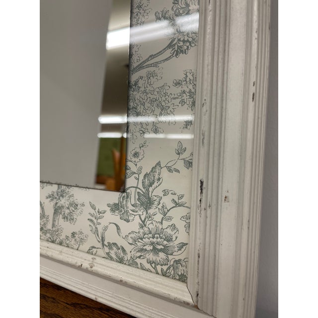 Vintage Floral Toile Mirror With Distressed White Wood Frame For Sale - Image 9 of 11