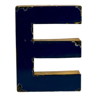 Vintage Metal Porcelain Enamel Letter 'E' Sign in Blue & Yellow For Sale