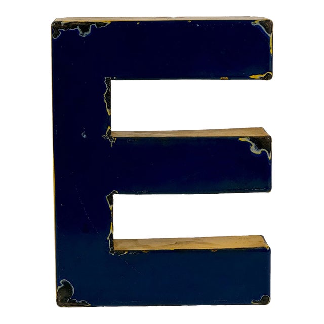 Vintage Metal Porcelain Enamel Letter 'E' Sign in Blue & Yellow For Sale