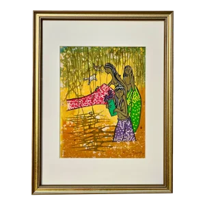 Vintage Mid Century South Pacific Batik Painting of Tahitian Island Maidens Tiki Bar Art