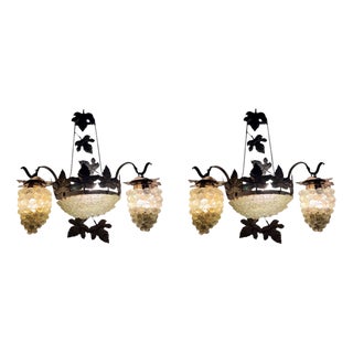 Venetian Wrought Iron and Murano Glass Grape-Cluster Wall Sconces, Italy, 1940s, Set of 2 For Sale