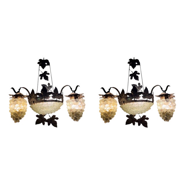 Venetian Wrought Iron and Murano Glass Grape-Cluster Wall Sconces, Italy, 1940s, Set of 2 For Sale