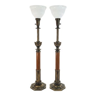 Vintage Stiffel Torchiere Table Lamps Brass Wood - Rare Neoclassical Design - a Pair For Sale