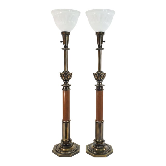 Vintage Stiffel Torchiere Table Lamps Brass Wood - Rare Neoclassical Design - a Pair For Sale