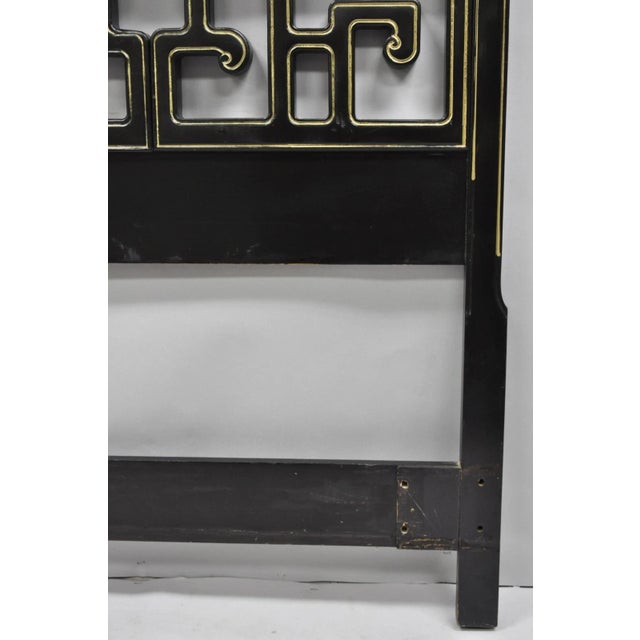 Black Vintage Chinoiserie Black Gold Ebonized Chinese Fretwork Queen Sz Bed Headboard For Sale - Image 8 of 14
