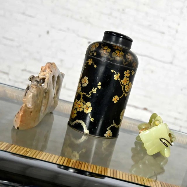 Chinoiserie Chinoiserie Vignette Including Soap Stone Carving Tin Tea Canister & Jade Color Stone Grapes For Sale - Image 3 of 12