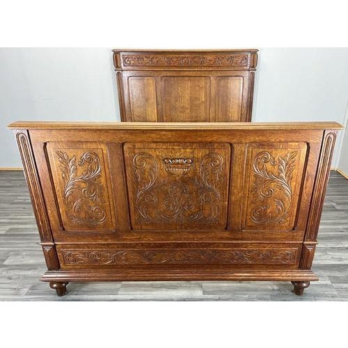 Antique French Style Oak Double Bed Frame with Carved Headboard For Sale - Image 3 of 18