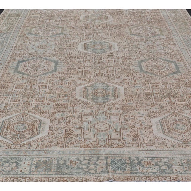 Tribal Vintage Persian Heriz Rug With All-Over Medallion Design in Tan and Blues 9'4 X 12'10 For Sale - Image 3 of 14