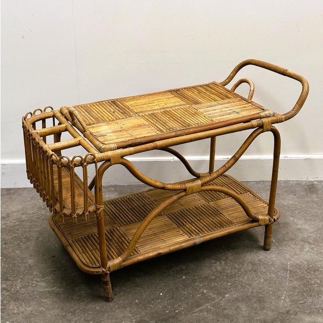 Large French Riviera Rattan Bar Cart with Bottle Holder, 1960s For Sale - Image 14 of 14