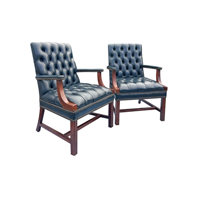 Chesterfield Tufted Blue Leather Arm Chairs Set of 7 English Style With Brass Nailhead Accent's For Sale - Image 4 of 12