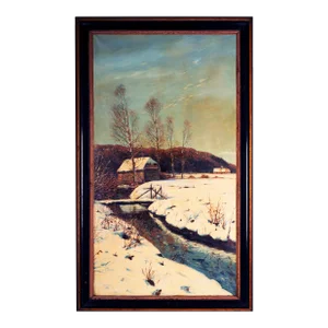 Large Vertical Vintage Oil Painting "Winter Scene"