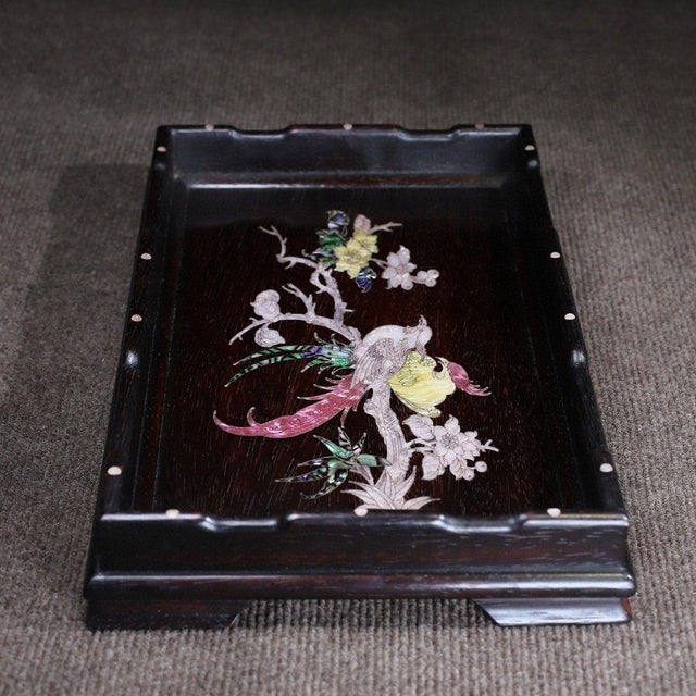 Late 20th Century Wooden Tea Tray With Mother-of-Pearl Magpie and Plum Blossom Inlay For Sale In Los Angeles - Image 6 of 9