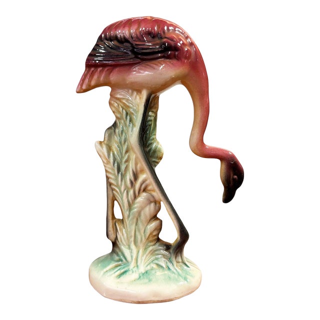 Mid 20th Century California Pottery Ceramic Grazing Tropical Pink Flamingo Figurine Statue For Sale