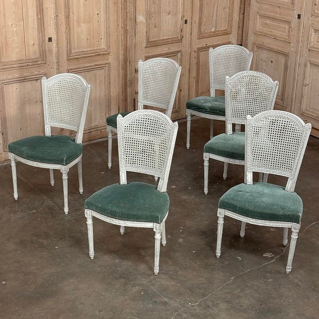 Set of Six Neoclassical Painted Swedish Chairs With Caned Backs & Mohair Seats For Sale - Image 4 of 15