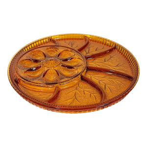 Vintage Mid Century Amber Glass Deviled Egg Relish Tray Dish Platter - Tree & Shell Motif