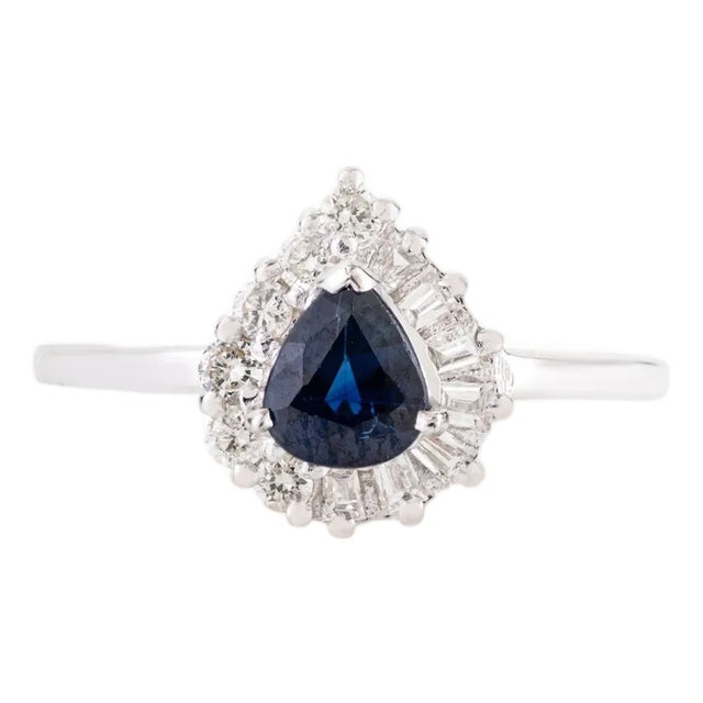 VRJewels Pear Cut Blue Sapphire Diamond Halo Ring Size 8 in 14k Solid Gold For Sale