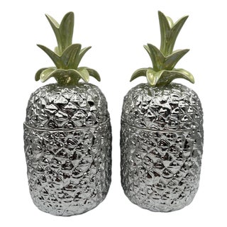 Pair Large 13.5" Silver Italian Ceramic Pineapple Canister Pottery Jars Green Lid For Sale
