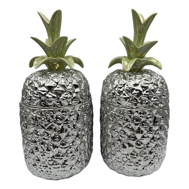 Pair Large 13.5" Silver Italian Ceramic Pineapple Canister Pottery Jars Green Lid For Sale