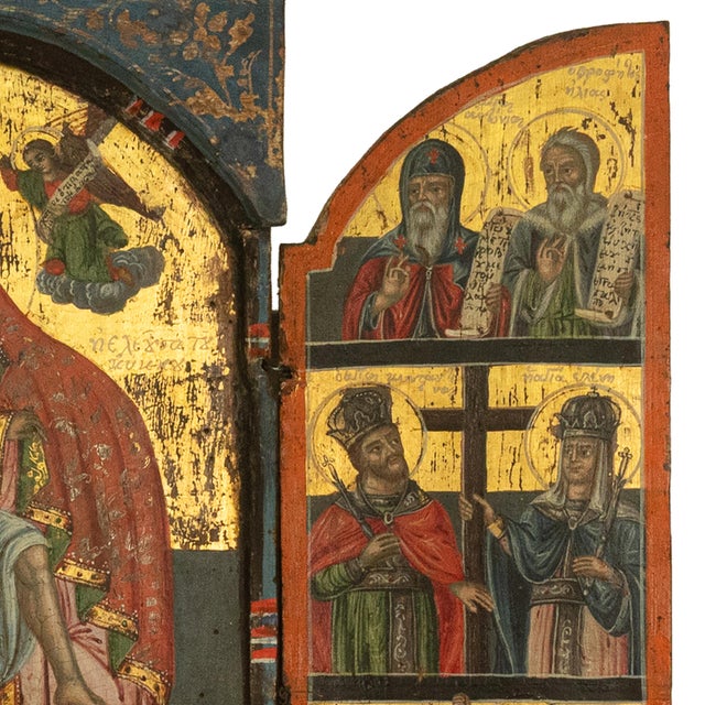 Antique 18thC Greek Orthodox Triptych Icon Virgin Mary & Saints Egg Tempera 1700 For Sale - Image 14 of 18