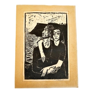 Mid 20th Century Woodblock Print of Couple by Roma Artist Janos Balazs For Sale