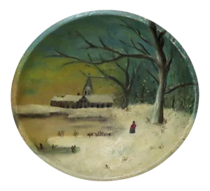 Antique American Wood Kitchen Mixing Bowl With Hand Oil Painted Winter Scene