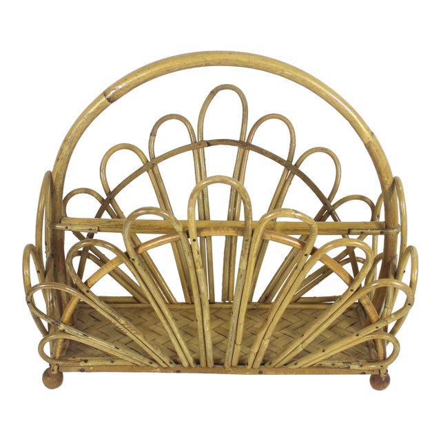 Vintage Fan Style Bent Bamboo Magazine Rack For Sale