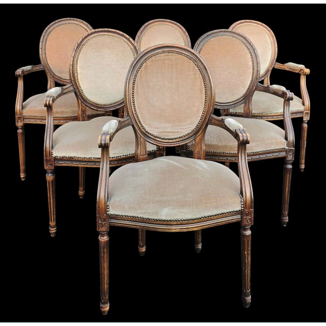 Mid 20th Century Set of Six W. & J. Sloane Louis XVI Revival Walnut Oval Back Dining Armchairs, Mid-Century For Sale - Image 5 of 17