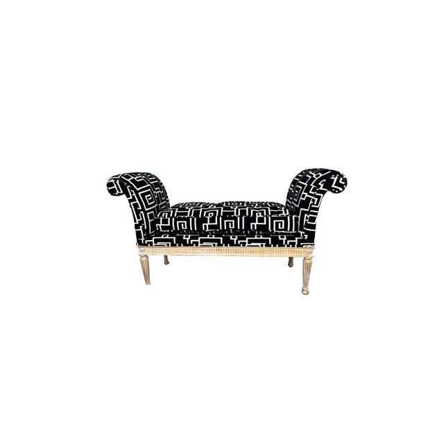 French 1940s Louis XVI Style Curved Arm Benches in a Geometric Black and White Fabric For Sale - Image 3 of 10
