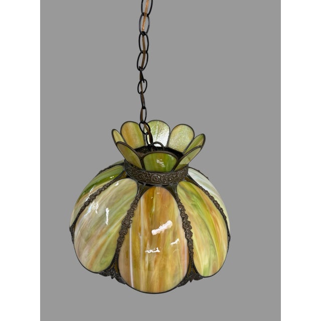 Mid 20th Century Vintage Green, Lotus, Slag Glass Hanging Lamp Light Fixture For Sale - Image 5 of 12