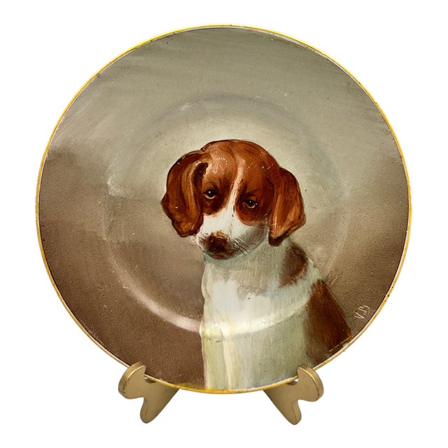 Antique Creil Montereau Terre De Fer Hand Painted Dog Plate France 19th C (2) For Sale