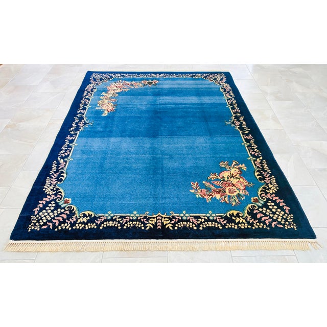 1980s Handmade Rug Blue Turkish Rug - 6'6" X 9'1" For Sale - Image 9 of 18
