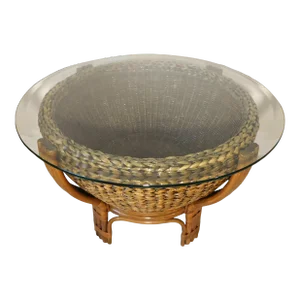 Round Natural Rattan Ornate Wicker & Banana Leaf Basket Beveled Glass Top Coffee Table
