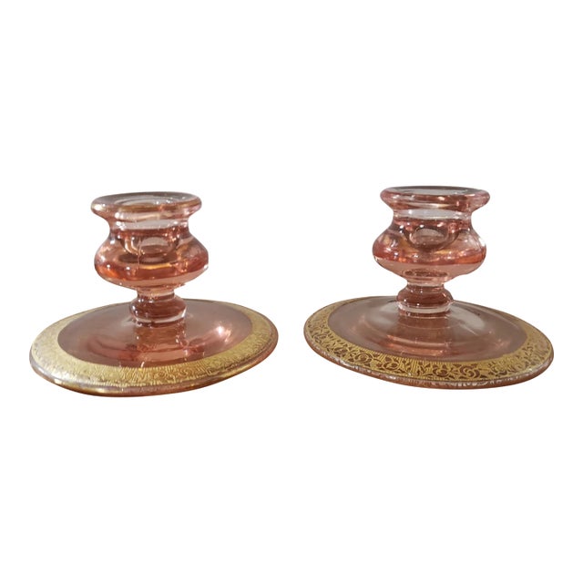 Pair Vintage Pink Depression Glass Tapered Candle Holders Gilded Floral Scroll Design For Sale