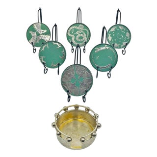 1980s Set of 6 Porcelain & Pure Silver Drink Coasters & Holder by Emilia Castillo For Sale