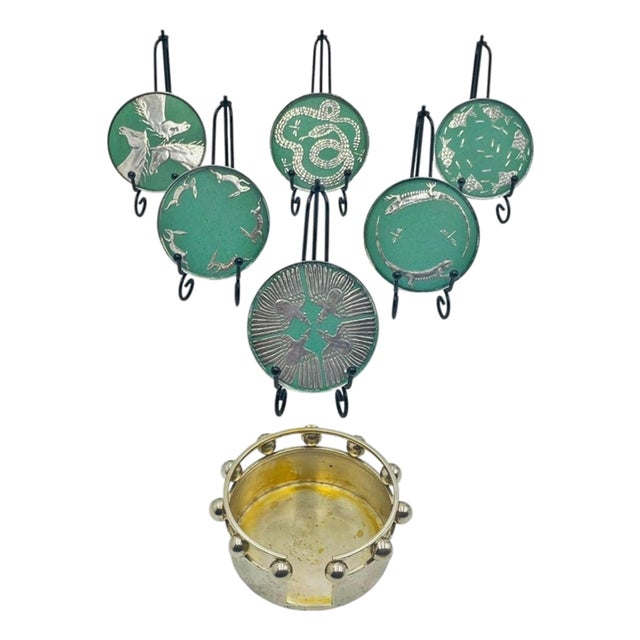 1980s Set of 6 Porcelain & Pure Silver Drink Coasters & Holder by Emilia Castillo For Sale