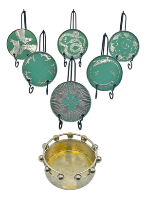 1980s Set of 6 Porcelain & Pure Silver Drink Coasters & Holder by Emilia Castillo