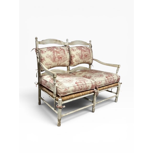 French Country 1990s Sam Moore French Country Toile Cotton Upholstery Fabric Settee For Sale - Image 3 of 12