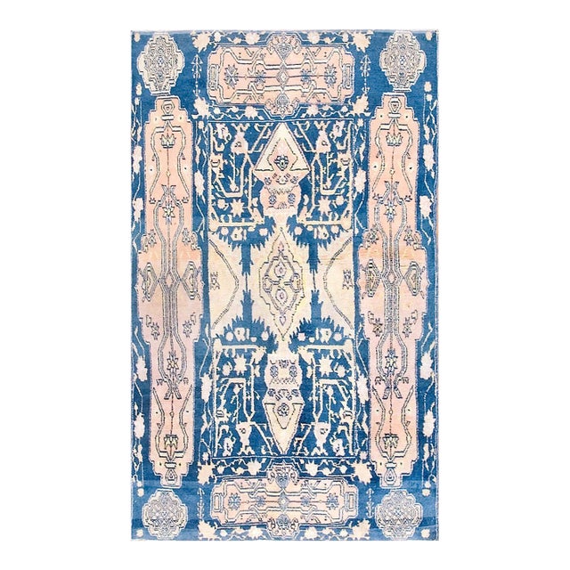 1930s Teal Blue Geometric Antique Indian Cotton Agra Rug 4' X 6'6" Handknotted Carpet For Sale