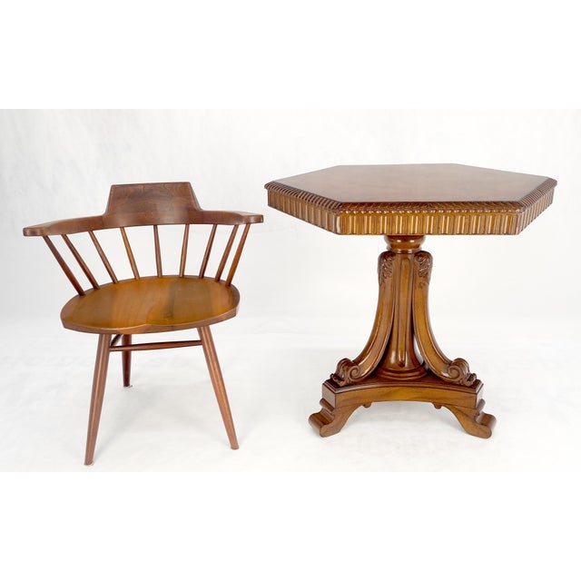 Traditional Fine Hexagon Burl Wood Top Tripod Carved Scroll Base Rope Edge Center Table MINT For Sale - Image 3 of 17